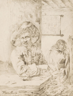 Card players, print, A card player with playing cards in hand and on the table. In the background a