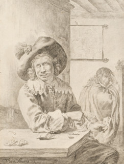 Card players, print, A card player with playing cards in hand and on the table. A man in the