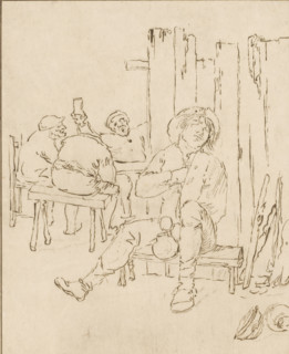 Drunken farmer in inn, print, A farmer sits on a low bench in an inn, with a jug in his hand. In