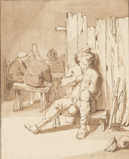 Drunken farmer in a tavern, print, A farmer sits on a low bench in a tavern, with a jug in his hand