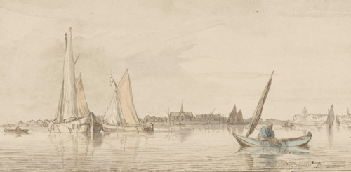 River view, print. Sailing ships are sailing on the water. On the horizon, a city with a church.