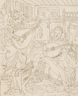 Gentleman and lady playing the lute, print, Interior with a man and a woman, both playing the lute.