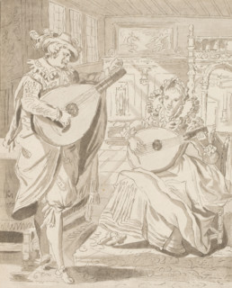 Gentleman and lady playing the lute, print, Interior with a man and a woman, both playing the lute.