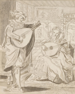 Gentleman and lady playing the lute, print, Interior with a man and a woman, both playing the lute.