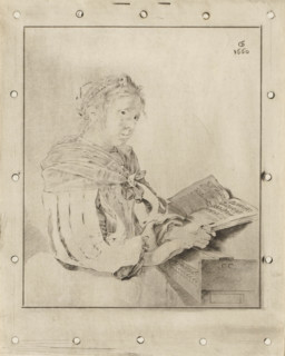 Piano player, print, A woman, dressed in a dress with slit sleeves, at the keyboard. Only the black