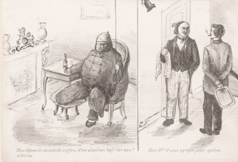 Angry wounded man rings the bell, Loose sketches, print, Two scenes on a sheet. A frustrated