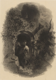 Man in armor knocks on door at night, print, signature: 'AM', printmaker: Adolphe Mouilleron