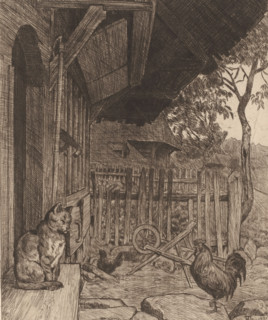 Cat and rooster in front of a house, print, printmaker: Hans Thoma, Karlsruhe (possibly), 1901,
