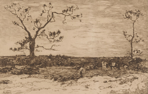 Landscape with bare trees and woodcutters, Loading coppice (original title), print, printmaker: