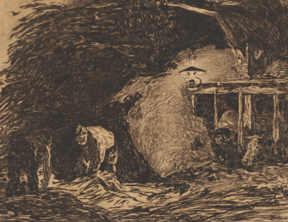 Stable interior by lamplight, print, annotation: '51', printmaker: Willem de Zwart (signed by
