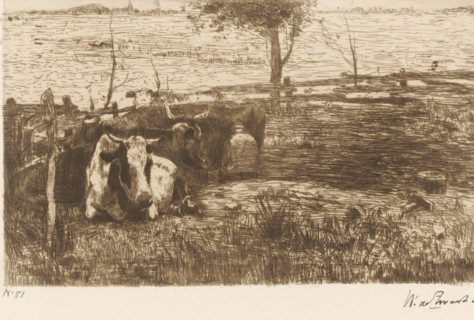 Milking Farmer (original title), Cows in a Meadow with a Milking Farmer, print, printmaker: Willem