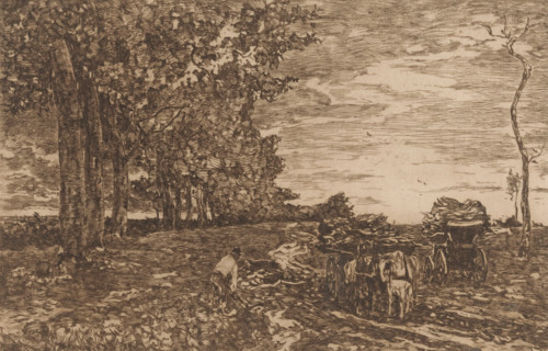 Loading Coppice (original title), Landscape with man and two carts with coppice, print, printmaker: