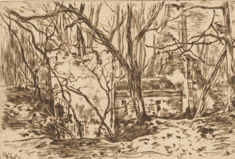 Ruins, seen from the side (Lage Vuursche) (original title), Ruins in a forest, print, printmaker: