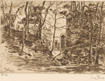 Ruins, pond on the right (Lage Vuursche) (original title), Ruins in a forest, by a pond, print,