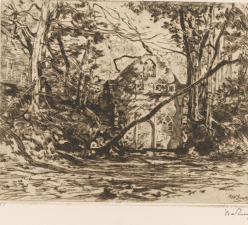 Ruins in a forest, Ruins with uprooted tree (Lage Vuursche) (original title), print, printmaker: