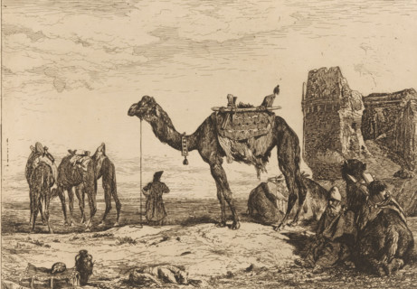 Sous les murs de Téhéran (Perse), Landscape with camels near ruins, print, Numbered top right: 51.,