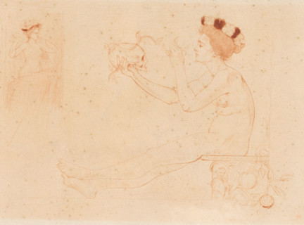 Naked woman looking at a skull in her hand, print, printmaker: Armand Rassenfosse, 1895, paper,