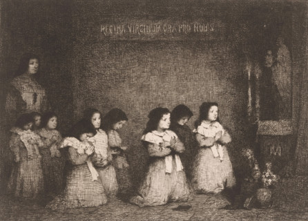 The Prayer, Group of girls in prayer before a statue of the Virgin Mary, Eaux-Fortes Modernes: