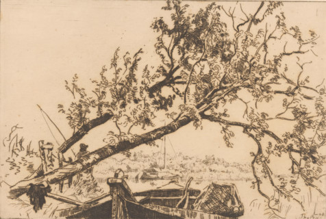 Landscape with fallen tree, boats and fisherman, Slanted tree and Eudia (original title), print,