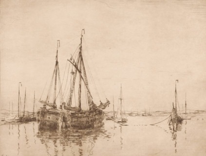 Harbour, Norderney (original title), Harbour with moored two-masted ship, print, printmaker: Willem