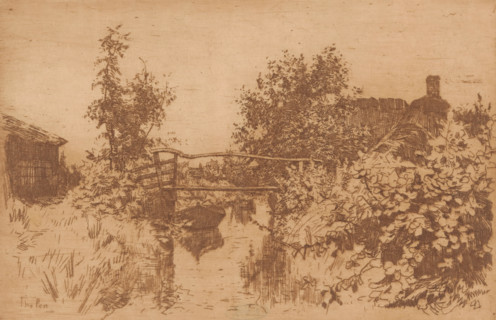 Bridge over a canal in a landscape with trees, houses, and shrubbery, Giethoorn (original title),