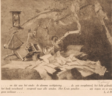 End (original title), Still life with falling and broken objects, print, With caption., printmaker: