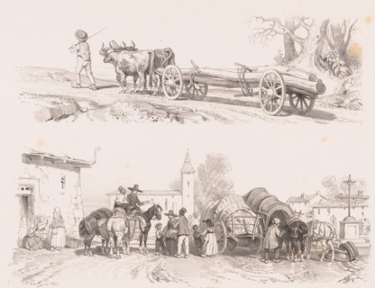 Two oxen transport logs and village square with covered wagons, horses, and figures, Examples of