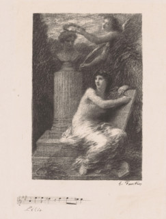 Music and Fame honor Hector Berlioz at his bust, Lélio, À Berlioz, print, printmaker: Henri