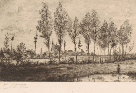 View of Meerle with a row of trees and water in the foreground, print, printmaker: Emilie