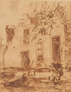 Woman washing in front of a farmhouse, Woman at work (original title), print, printmaker: Willem de