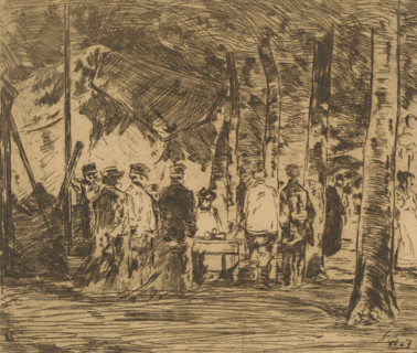 At the fair (original title), Group of figures under trees, print, number: '7', printmaker: Willem