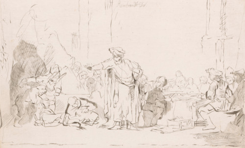 Standing man in an inn having someone gagged, print, printmaker: Johann Daniel Laurentz, after