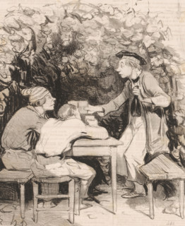 Three men toasting with a glass of wine, Vois tu, mon ami Durant, Parisian boatmen, Les canotiers