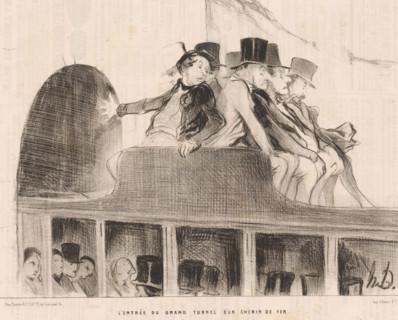 Passengers on the train at the entrance to a tunnel, L'entrée du grand tunnel d'un chemin de fer,