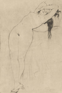 Nude woman with hands covering her face and her upper body resting on a cushion, Le Léthé, print,