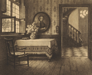 Interior with portrait, table and view of a corridor, print, number: '22', printmaker: René