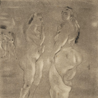 Á Lesbos (original title on object), print, Two standing naked women. Two more women can be seen in