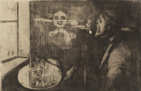 Woman and pipe-smoking man at a table, Tête-à-Tête (original title), print, The man in the print is
