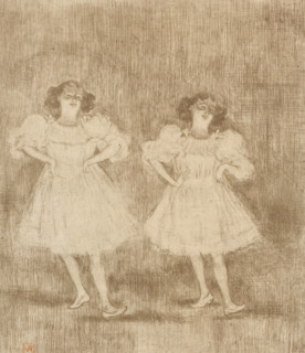 Two dancing young women with hands on hips, print, inscription: 'VR', inscription: 'Ep. no 6',