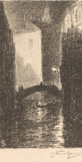 Bridge in Venice at evening, print, A lantern hangs on a wall on the right., number: '72',