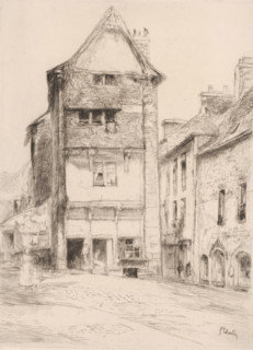 View of a square in Paimpol, La petite place à Paimpol, print, printmaker: Gustave Leheutre (signed