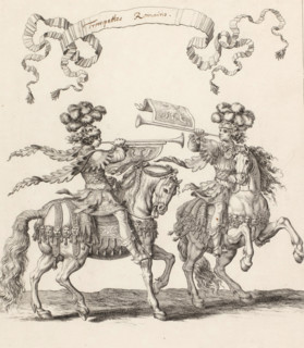 Trumpeters on horseback in Roman costume, Trompettes romains, print, book illustration,