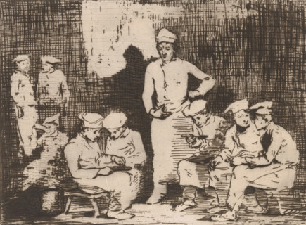 Le dejeuner des cuisiniers, Dark interior with group of chefs eating, print, Numbered bottom left: