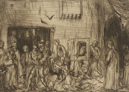 Woman in sedan chair, print, A veiled woman is being carried down the street in a sedan chair by