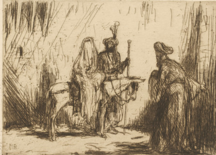 Man welcomes visitors, print, A veiled woman on a donkey, next to her a standing man. To their