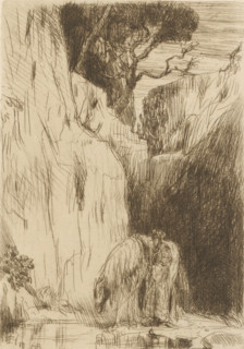 At the source, print, A man lets his horse drink at a spring. In the background a cliff on which a