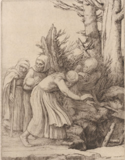 La mort a préparé une demeure aux abandonnés, Three women with a baby are led by death to a hole in