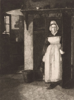 La Sortie de cave., Maid in a doorway, Dix Eaux-fortes, dessinées et gravées by F. Bonvin, Peintre,