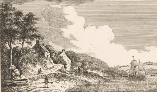 Landscape with a walking path and a river, Etchings by E. Edwards, print, album page, Series