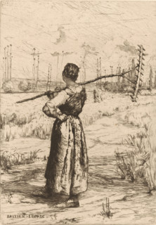 Retour des champs, Woman riding the fields, print, watermark, printmaker: Jules Bastien-Lepage,